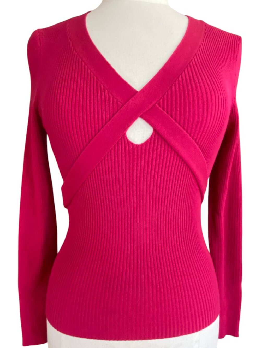Y2K Venus Hot Pink Ribbed Knit Crisscross Front Keyhole Cut-Out Sweater Fitted-S